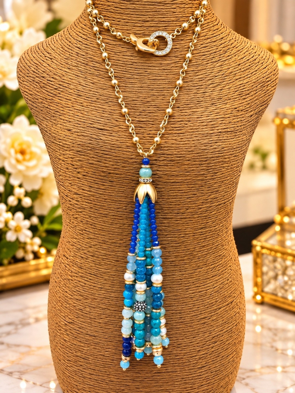 Gold-Tone Blue Beaded Tassel Necklace - Unbranded